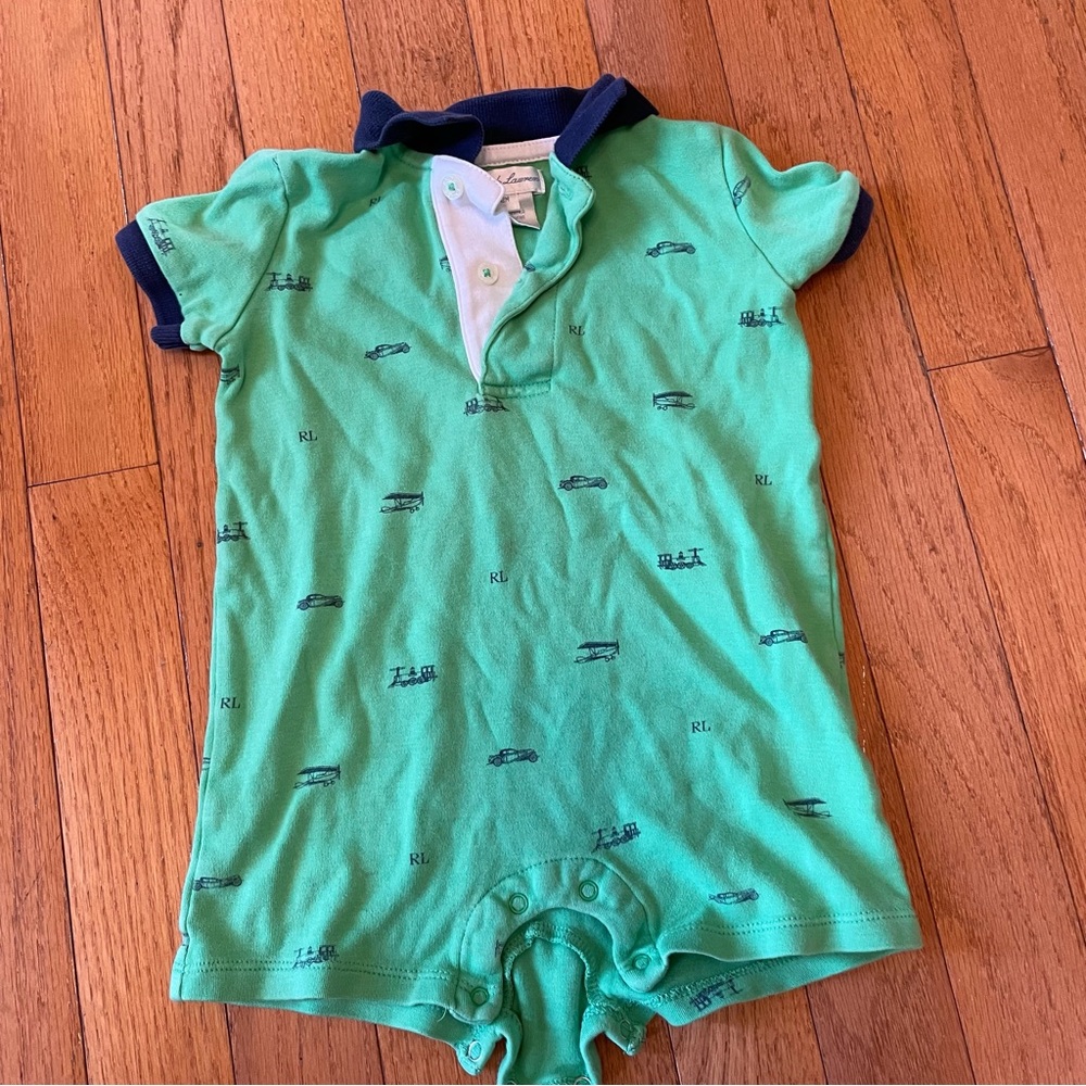 Baby boys Ralph Lauren boys romper green and navy RL print. 12 month